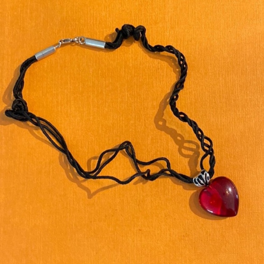 SIGAL Glass heart pendant red /black necklace sterling silver 925 stamped clasp